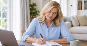 Woman writing at table with laptop