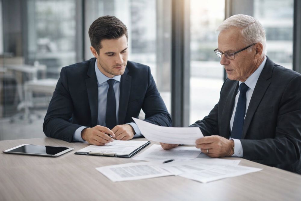 Two professionals reviewing legal paperwork
